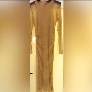 ZARA GOLD MAXI LONG MAXI DRESS WITH SHEER METALLIC OVERLAY Size Small
